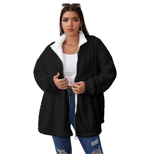 Borg Fleece Collar Coat With Zipper Closure(Plus Size)