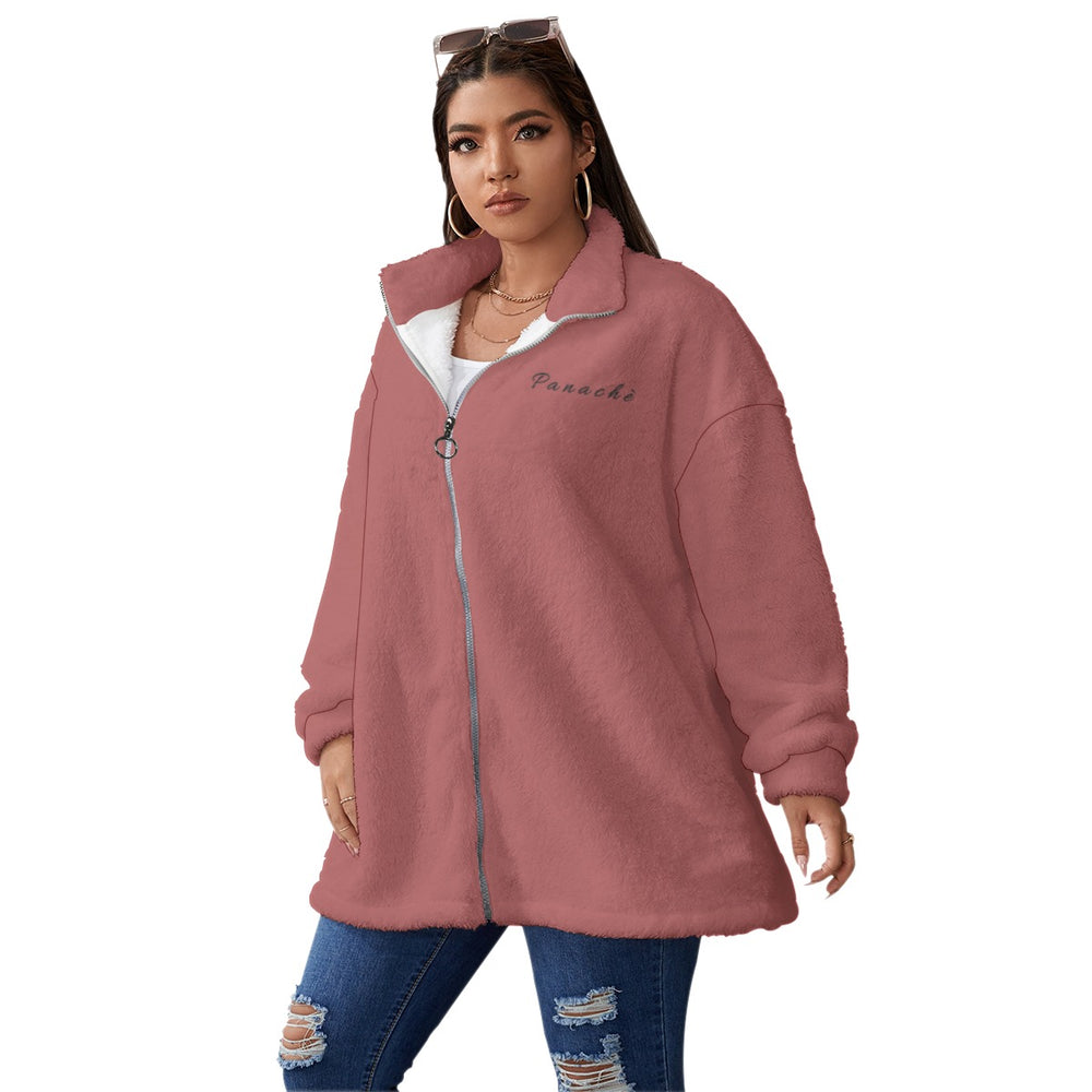 Borg Fleece Collar Coat With Zipper Closure(Plus Size)