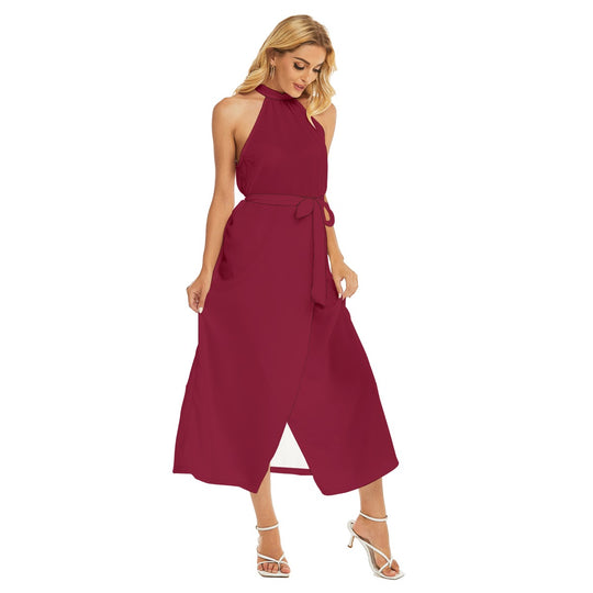 Women's Wrap Hem Belted Halter Dress