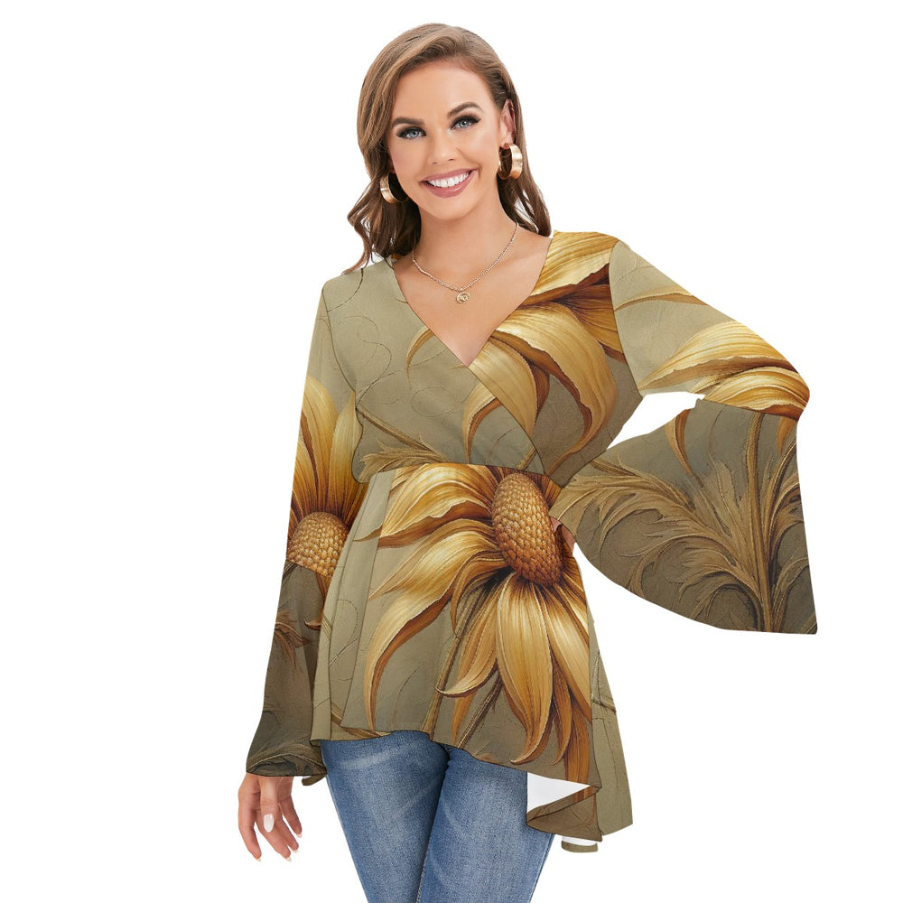 Women's V-neck Blouse With Flared Sleeves