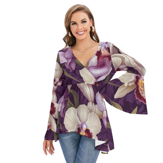 Women's V-neck Blouse With Flared Sleeves