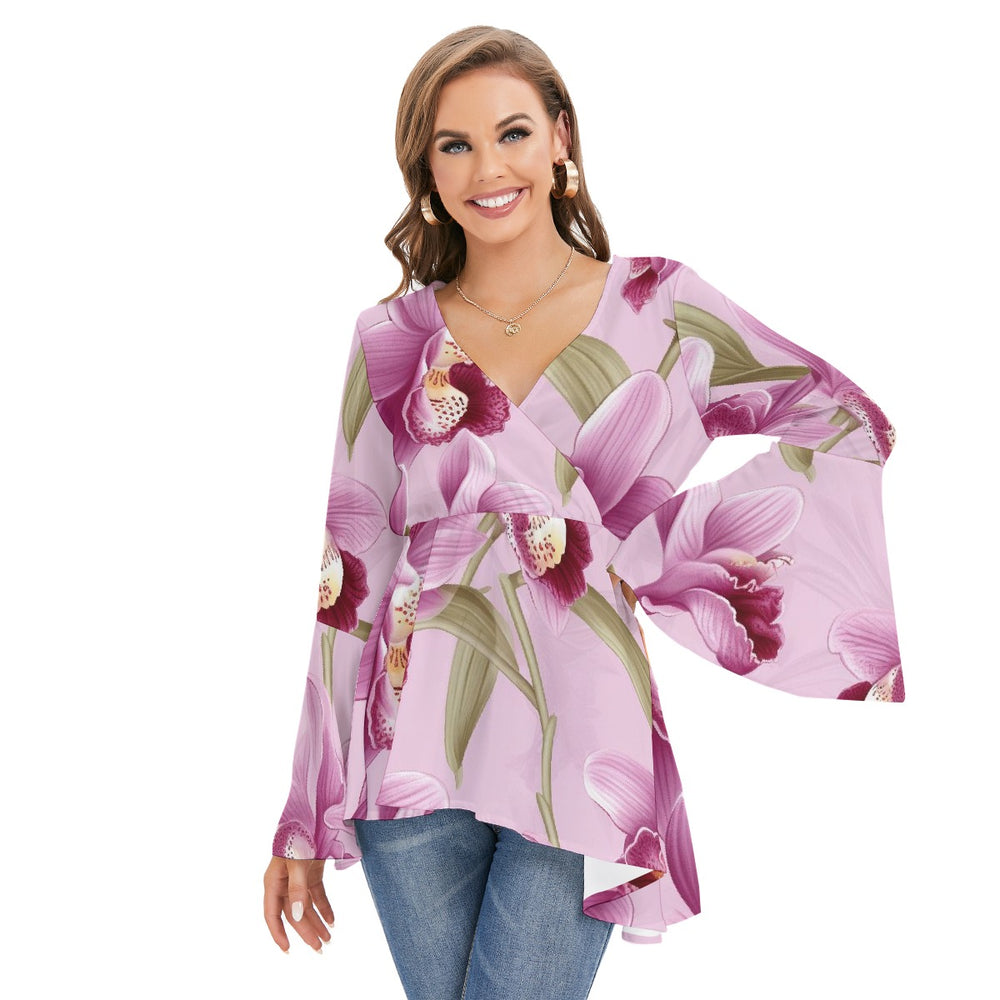 Women's V-neck Blouse With Flared Sleeves