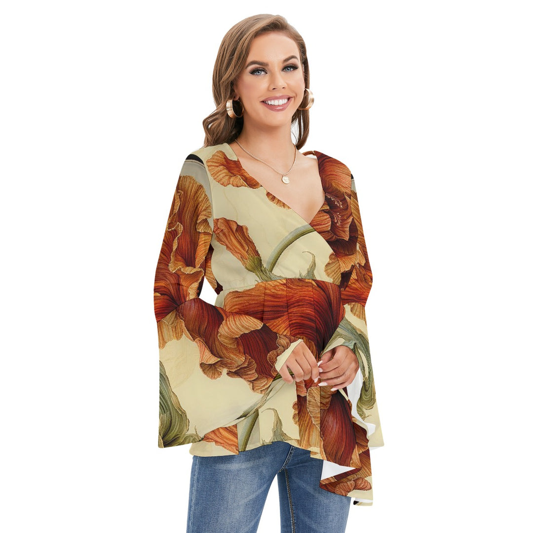 Women's V-neck Blouse With Flared Sleeves