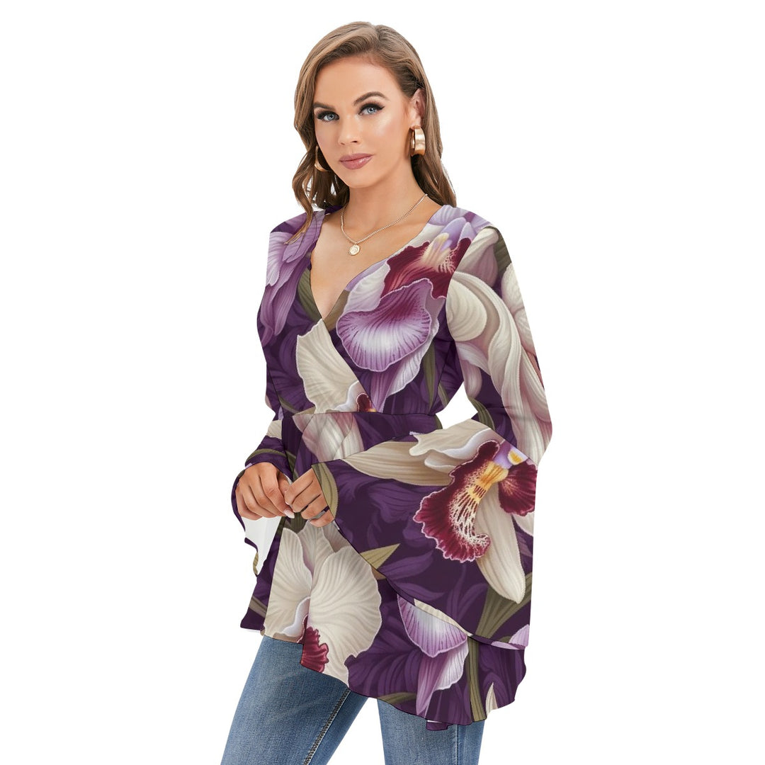 Women's V-neck Blouse With Flared Sleeves