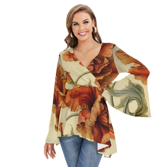 Women's V-neck Blouse With Flared Sleeves