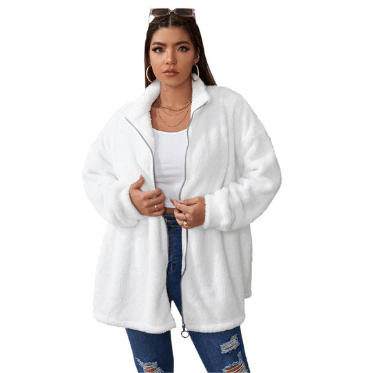 Borg Fleece Collar Coat With Zipper Closure(Plus Size)