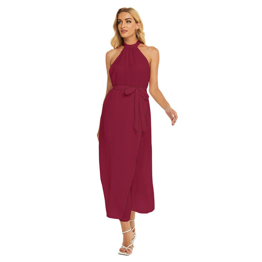 Women's Wrap Hem Belted Halter Dress