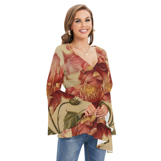 Women's V-neck Blouse With Flared Sleeves