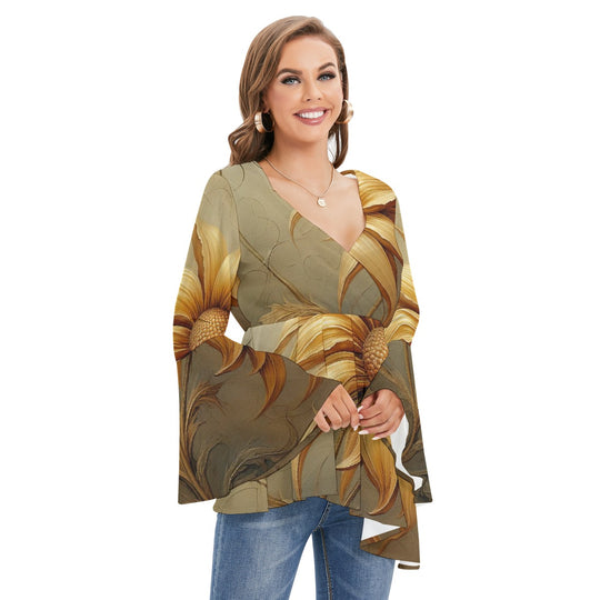 Women's V-neck Blouse With Flared Sleeves