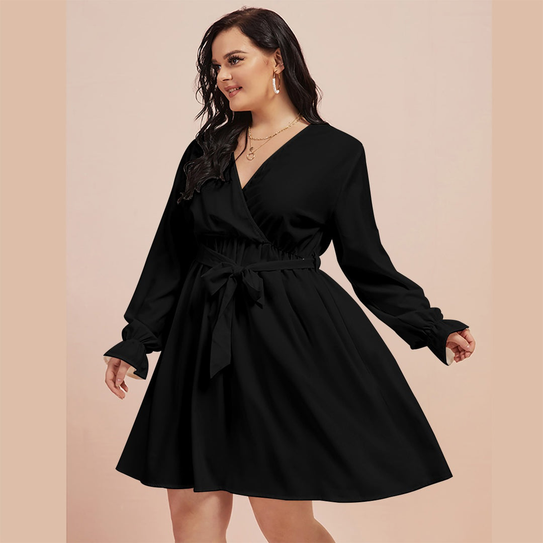 Women's V-neck Dress With Waistband(Plus Size)