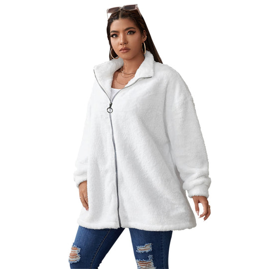 Borg Fleece Collar Coat With Zipper Closure(Plus Size)