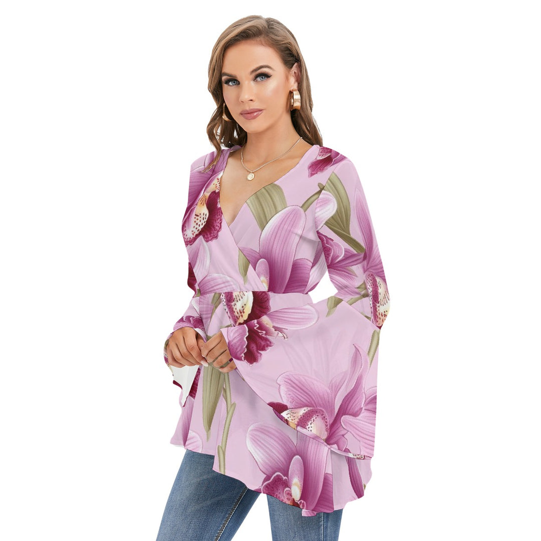 Women's V-neck Blouse With Flared Sleeves