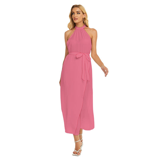 Women's Wrap Hem Belted Halter Dress